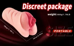Realistic masturbator shown with discreet package text highlighting portable size and 800g weight