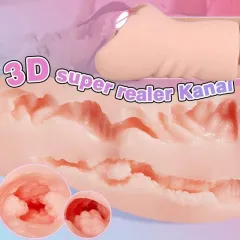 Compact real-feel masturbator held in hand for scale