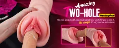 Angled view of realistic dual-channel masturbator highlighting soft contours