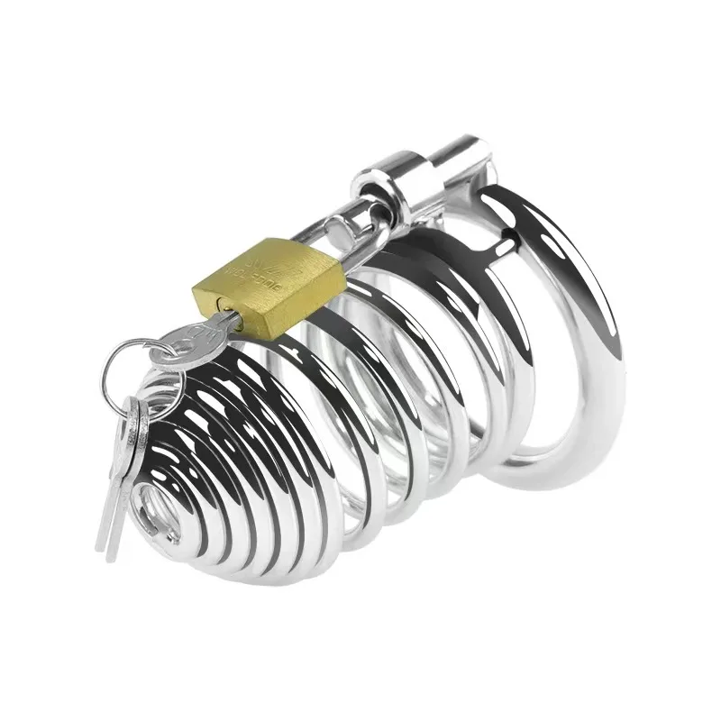 Silver spiral metal chastity cage with brass padlock and two keys attached