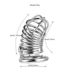 Metal chastity cage size chart showing 105mm cage length and 65mm diameter with ring options
