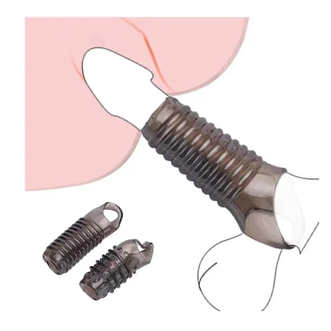 Ribbed silicone penis sleeve texture close-up in transparent amber