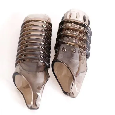3-in-1 couple penis sleeve set in transparent amber silicone with ribbed and studded sleeves