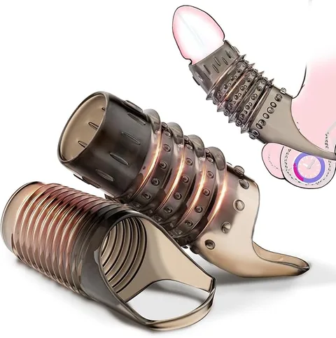 Two-piece penis sleeve set showing ribbed and studded textures with lock ring