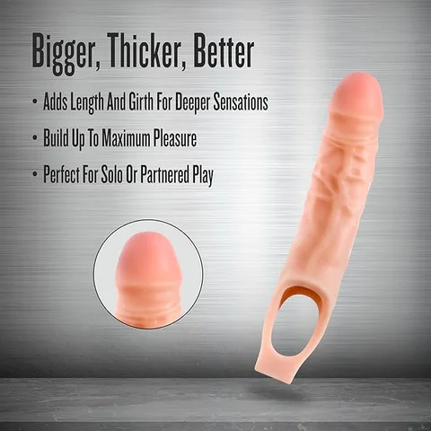 Side profile of the dual-density TPE penis extender sleeve showing its added girth