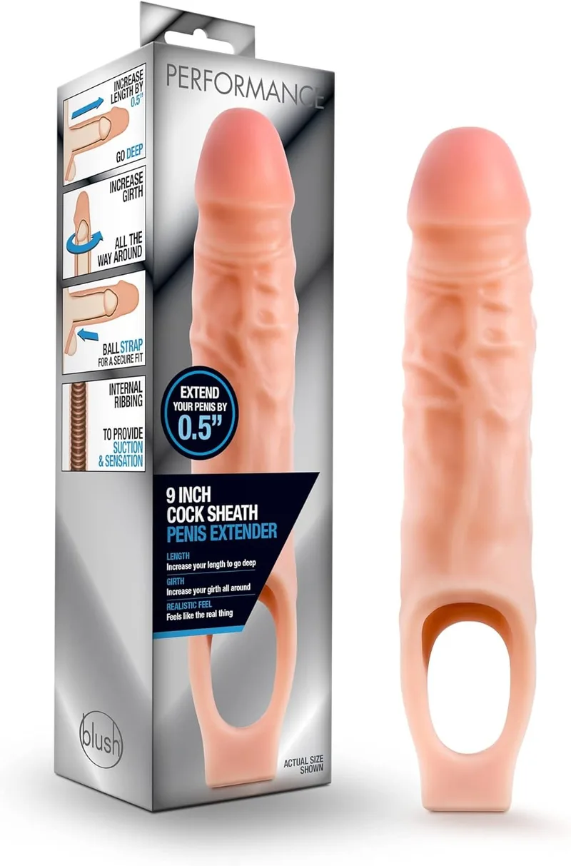 Realistic 9-inch cock sheath penis extender in flesh tone with built-in ball strap