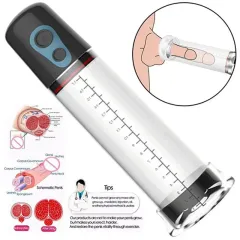 Transparent penis vacuum enlarger pump with graduated cm scale and two-button control on the head