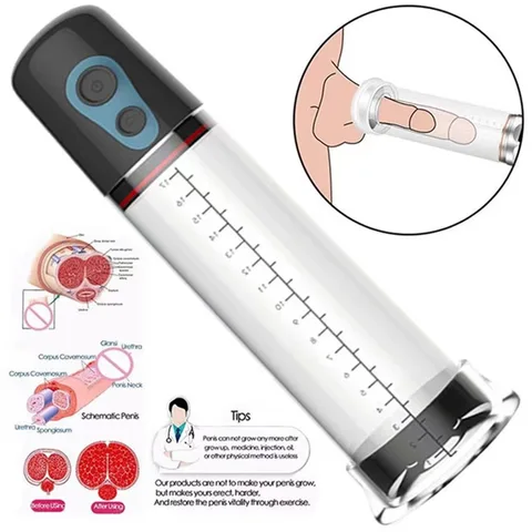 Transparent penis vacuum enlarger pump with graduated cm scale and two-button control on the head