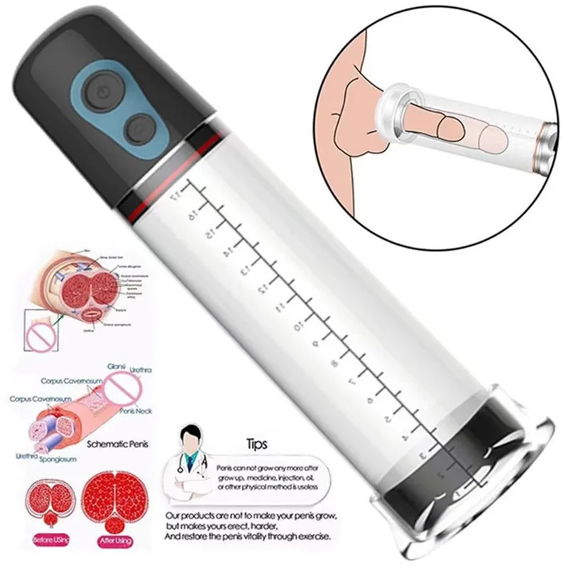 Transparent penis vacuum enlarger pump with graduated cm scale and two-button control on the head