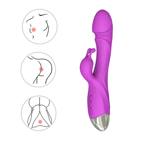 Dual stimulation rabbit vibrator with curved shaft and clitoral arm in purple
