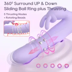 Thrusting rabbit vibrator showing rotating beads and 360 degree sliding ball ring