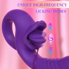 Rounded tongue-licking head of the thrusting vibrator shown in close-up