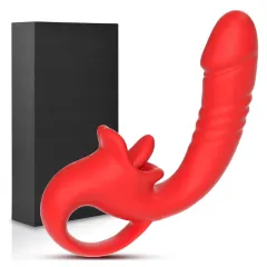 Red colorway of the thrusting tongue licking vibrator