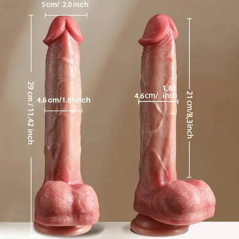 Realistic big dildo with dimension guide showing 29cm total and 21cm insertable length