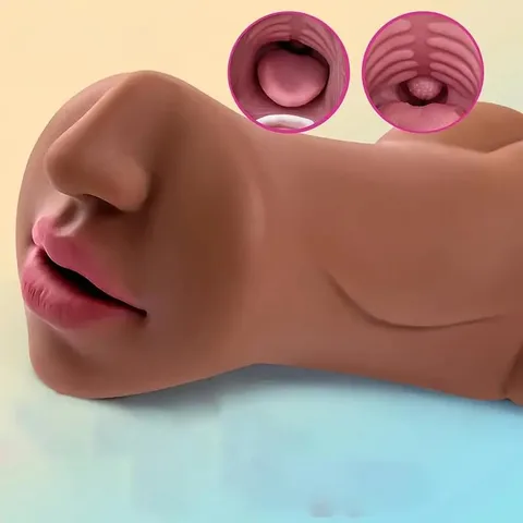 Realistic dual-ended masturbator 3D internal texture cutaway showing ribbed vagina and mouth channels