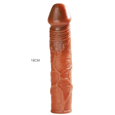 Realistic brown penis extender sleeve with detailed glans and veined shaft