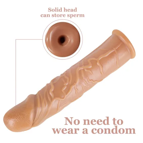 Flesh-tone silicone penis sleeve with a solid head that stores liquid and needs no condom