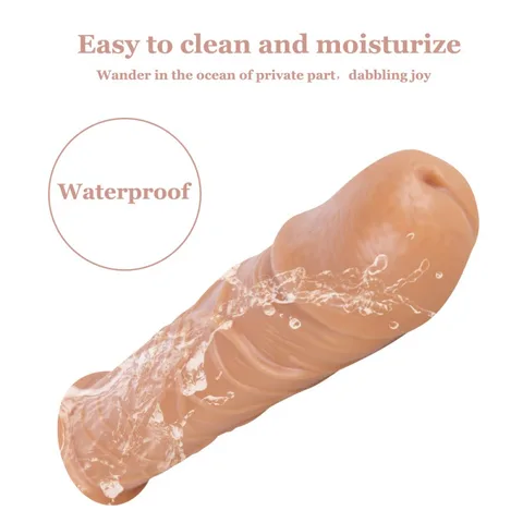 Soft flesh-tone silicone sleeve held in a hand with a water splash labeling it waterproof