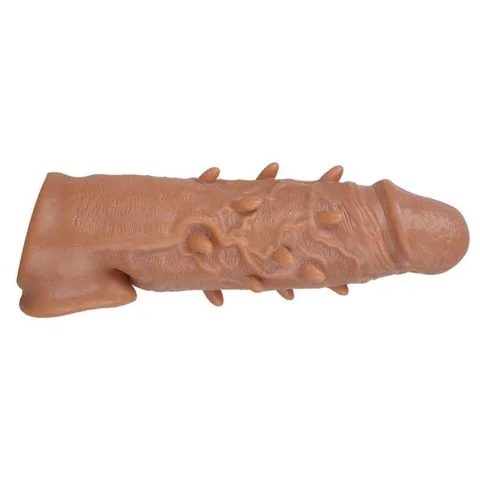 Brown-toned silicone penis sleeve extender with visible thorn bump texture
