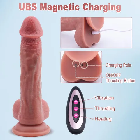 Realistic thrusting dildo charging via USB with battery display showing power level