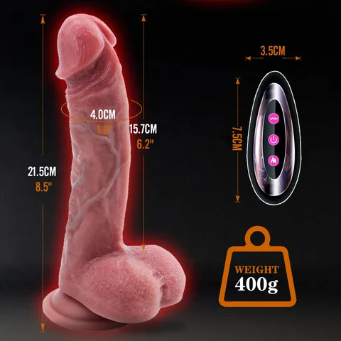 Realistic thrusting dildo shown with size measurements 21.5cm total and 4.0cm diameter