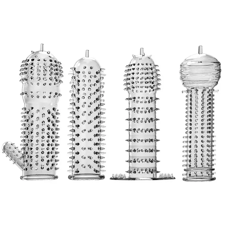 Set of four reusable penis sleeves in transparent and skin-tone TPE