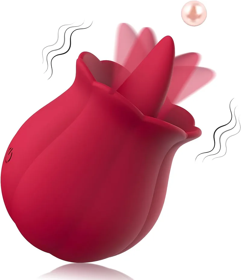 Red rose-shaped tongue licking vibrator with soft silicone petals