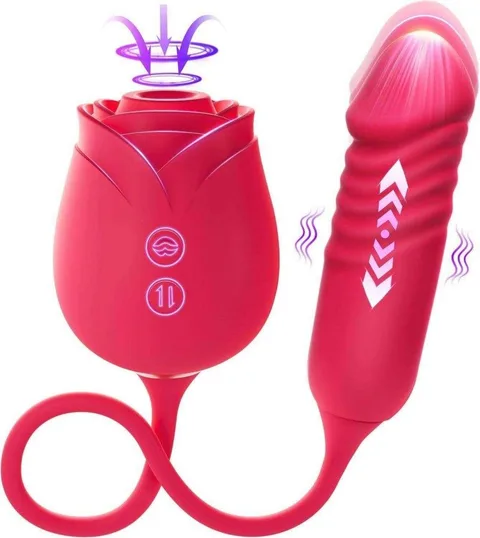 Rose Thrusting Sucking Vibrator with rose suction head and threaded telescopic arm
