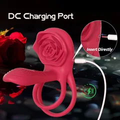 Rose vibrating cock ring with DC charging port and cable inserted