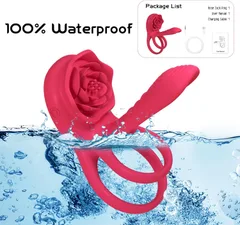 Fully waterproof rose cock ring splashing in water with package contents inset