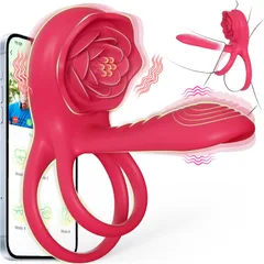 Rose vibrating cock ring with clitoral stimulator arm and app control beside a smartphone