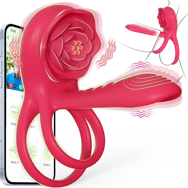 Rose vibrating cock ring with clitoral stimulator arm and app control beside a smartphone