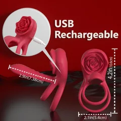 Rose cock ring shown with overall and stimulator arm measurements plus USB charging port