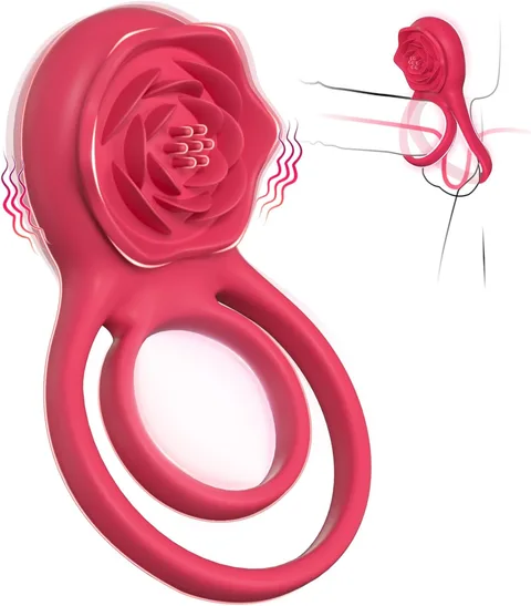 Rose-shaped red vibrating cock ring with single-button control