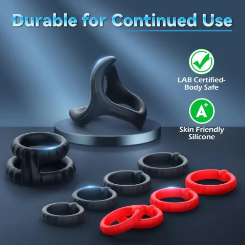 Cock rings stacked together showing the multi-size design of the set