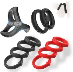 Complete set of ten silicone cock rings in black and red