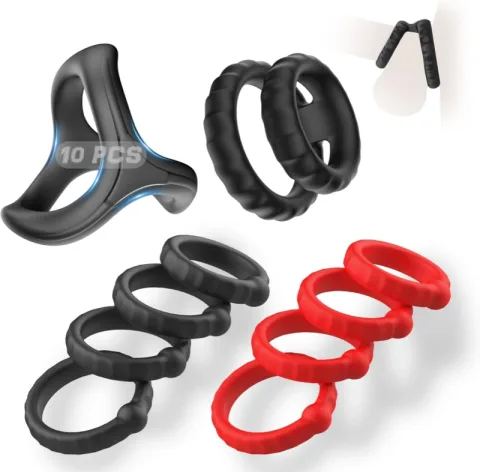 Complete set of ten silicone cock rings in black and red