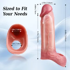 Size diagram of the penis extender sleeve showing total length sleeve and glans measurements