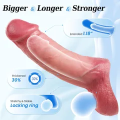 Full specification sheet of the silicone penis extender sleeve with dimensions and extension effect