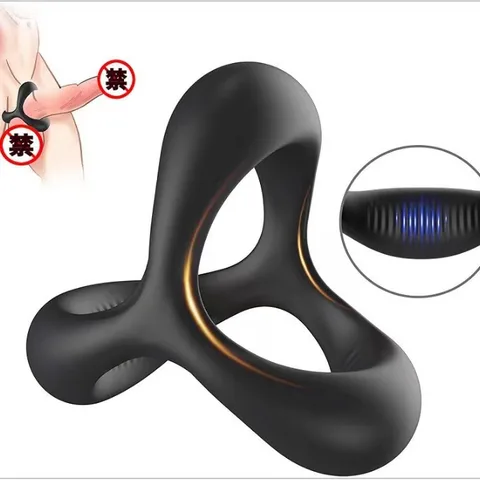 Black silicone triple cock ring showing the three joined loops that form its 3D shape