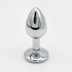 Mirror-polished stainless steel anal plug with teardrop body and flared safety base