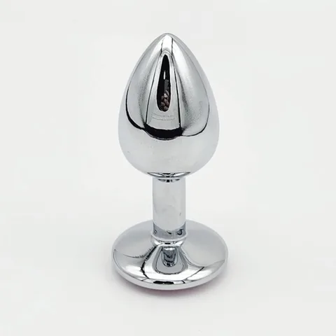 Mirror-polished stainless steel anal plug with teardrop body and flared safety base
