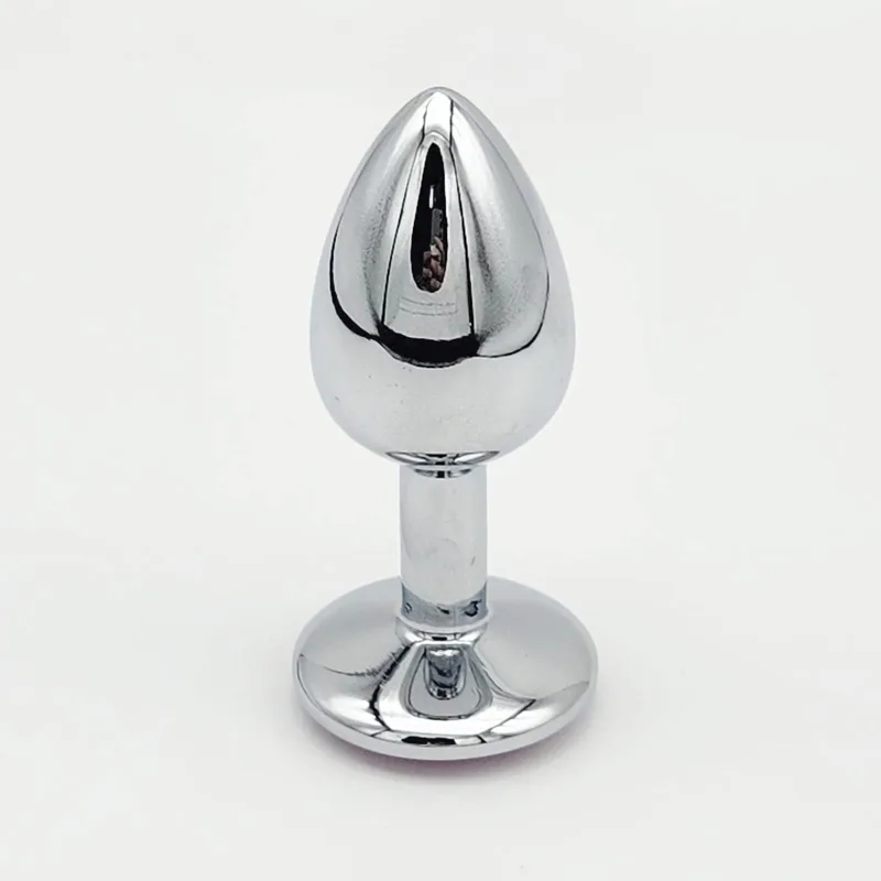 Mirror-polished stainless steel anal plug with teardrop body and flared safety base