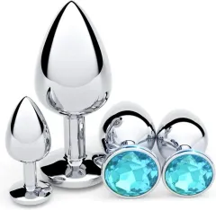 Jeweled stainless steel anal plug set with blue crystal base in three sizes
