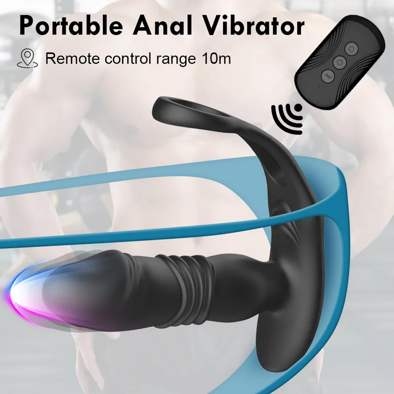 Black thrusting anal vibrator shown at an angle, highlighting the body-safe silicone texture