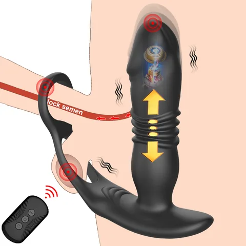 Side view of the black thrusting anal vibrator with dual-ring base and smooth silicone surface