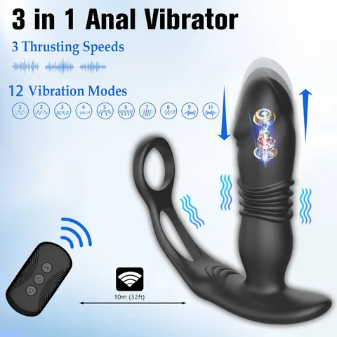 Main view of the black 3-in-1 thrusting anal vibrator with wireless remote control