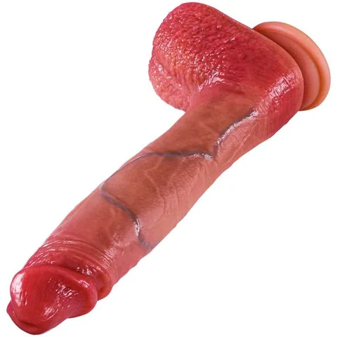 Overall view of realistic red dildo with remote