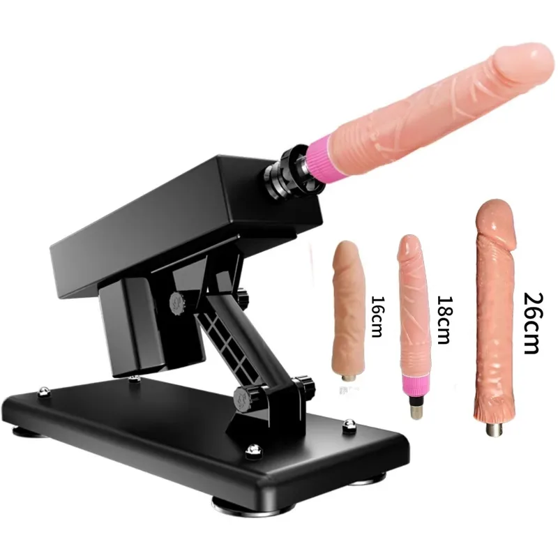 Automatic thrusting sex machine with wired knob controller and three silicone dildo attachments
