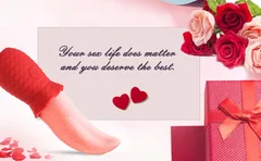 Rose tongue vibrator presented as a gift with roses and a wrapped box